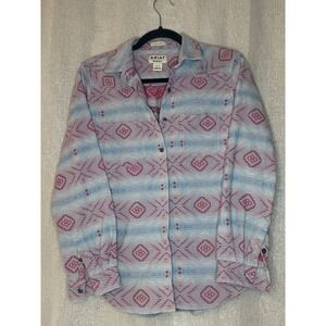Aariat Real Relaxed Western Shirt Aztec Print Button Down‎ Light Blue Pink S/P
